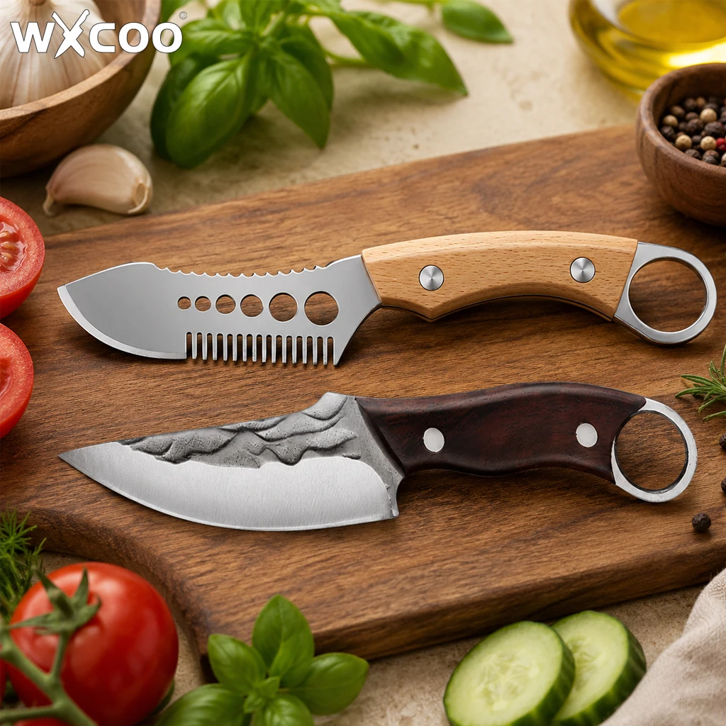 WXCOO Multifunctional Scallion Slicer Stainless Steel Vegetable Peeler Fish Scale Scaler Hand Forged Kitchen Knife with Cover
