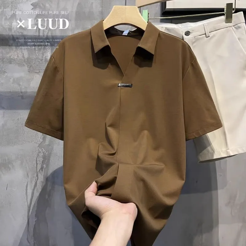 

High End Ice Silk Short Sleeved Men's Polo Shirt, Cool and Trendy Brand Men's Summer Thin V-neck Polo Shirt for Men