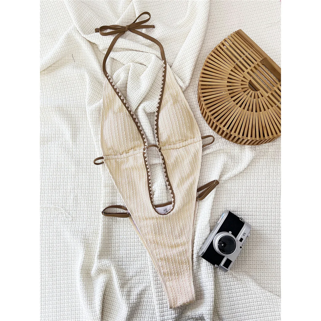 Tiefes V-Ausschnitt-Design, geraffter Halterneck, hoch geschnittener Einteiler-Badeanzug, Damen-Bademode, rückenfreier Monokini, Badeanzug, Badebekleidung, Modell V6195. – Detail 8