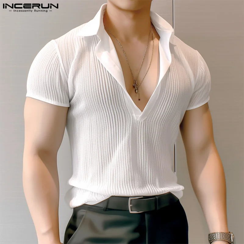 Fashion Well Fitting Tops INCERUN Men's Striped Perspective V-neck T-shirts Casual Streetwear Short Sleeved Camiseta S-5XL 2024