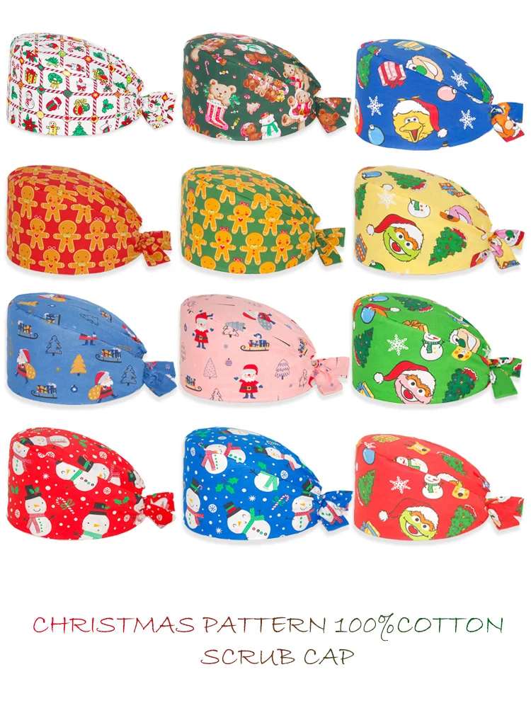 Gorro quirúrgico con estampado navideño, gorros ajustables transpirables de algodón 100%, gorros de trabajo para chef, gorros médicos para enfermera y médico, novedad de 2024