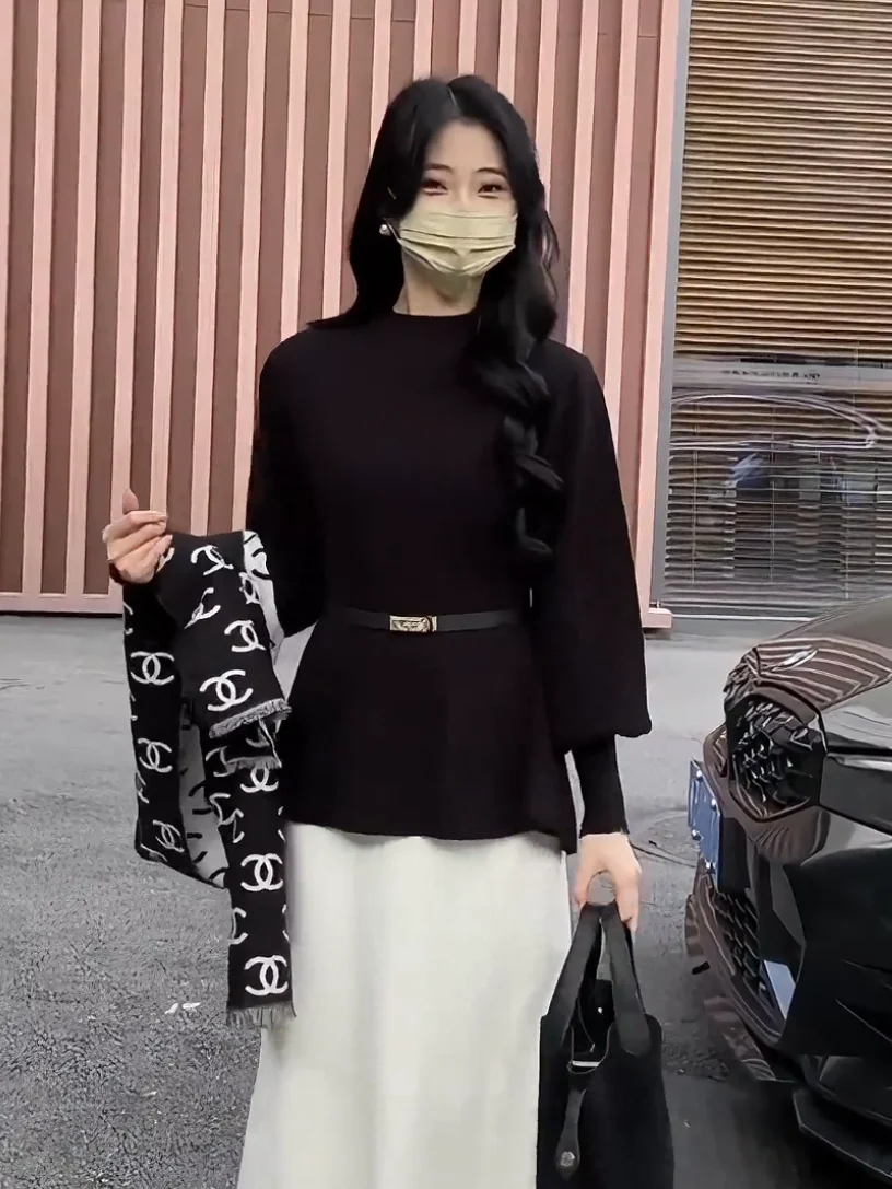 

plus Size Thiened Autumn Winter Knitwear f High Collar Lantern Sve Slimming Waist Cinched Top for Women