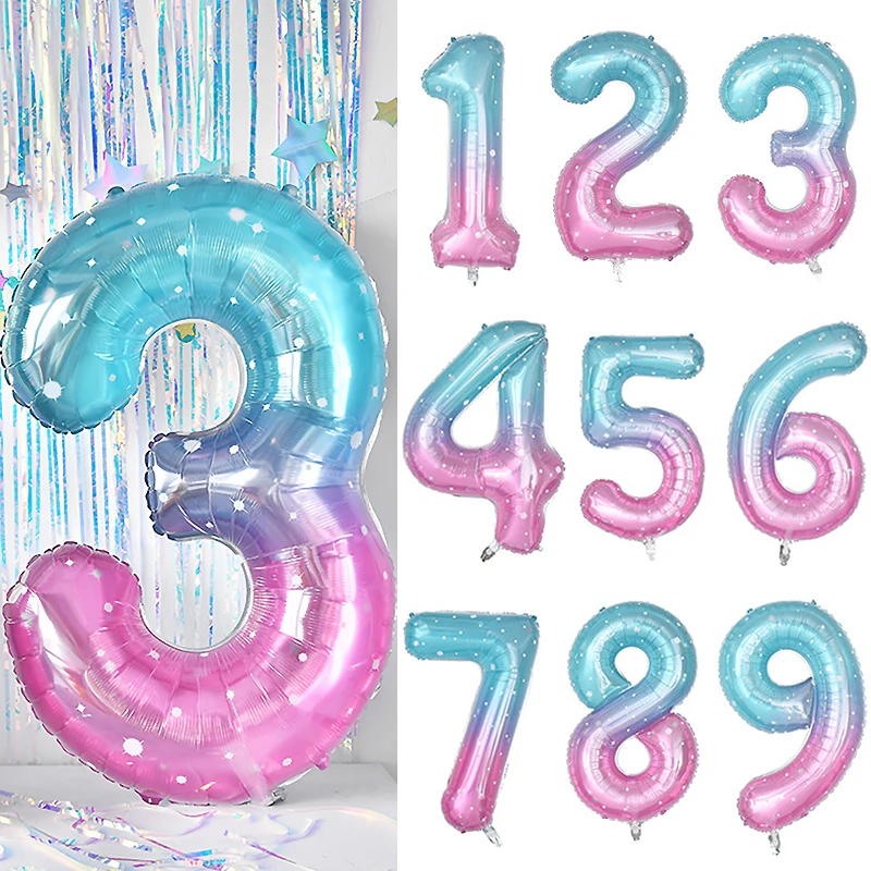 

40inch Gradient Colorful Number Foil Balloons Giant Starry Sky Digital Balloon for Mermaid Birthday Party Decoration Kids Toys