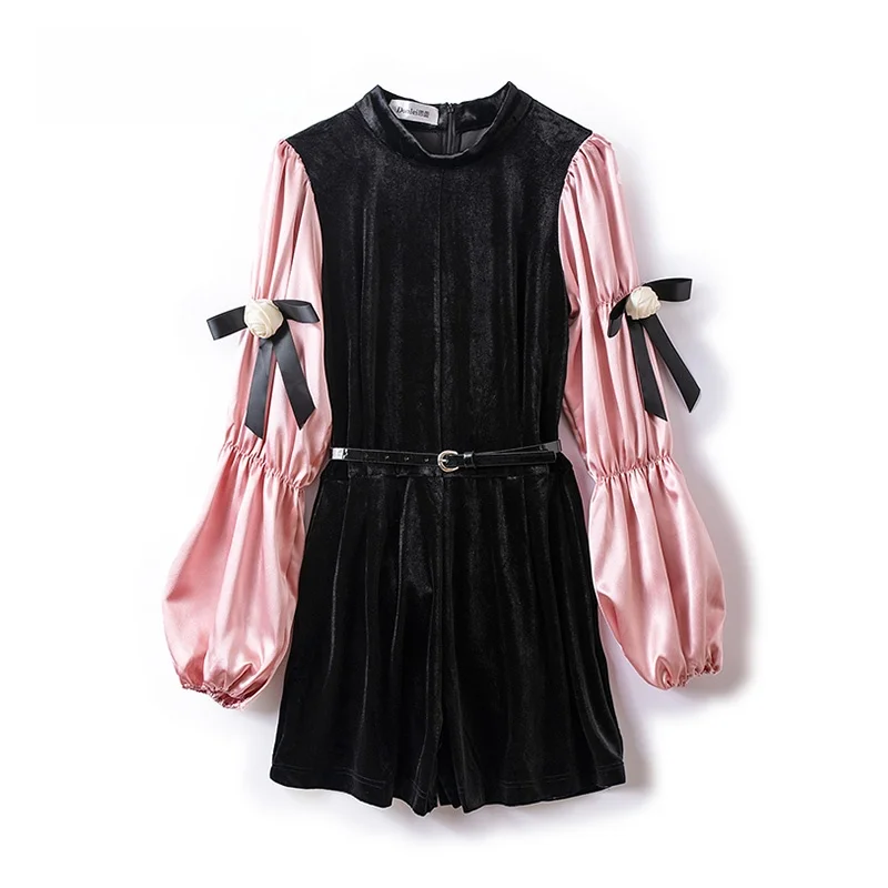 

Tang Jia Si Lai Original Design Velvet Jumpsuit with Bubble Sves Splicing Slimming Waist Belt for Date Women's Faion