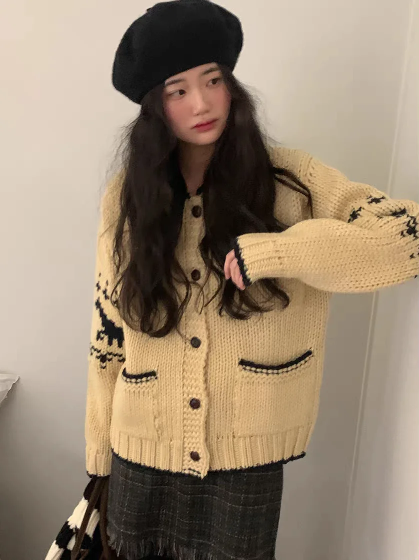 Вязаный открытый кардиган в стиле ретро в скандинавском стиле с воротником оленя, женский осенне-зимний свитер с одной пуговицей Faion Age-Defng Jaet