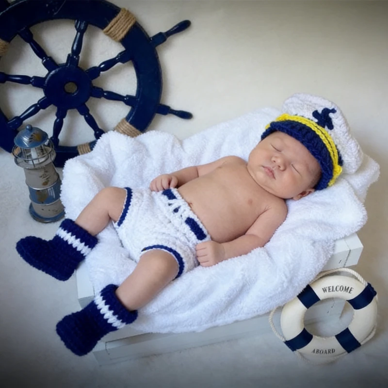 2/3Pcs SET Newborn Photo Prop Set Nautical Sailor-Inspired Police Uniform Crochet Set Handmade with Hat for Baby Boy (0-3 Months