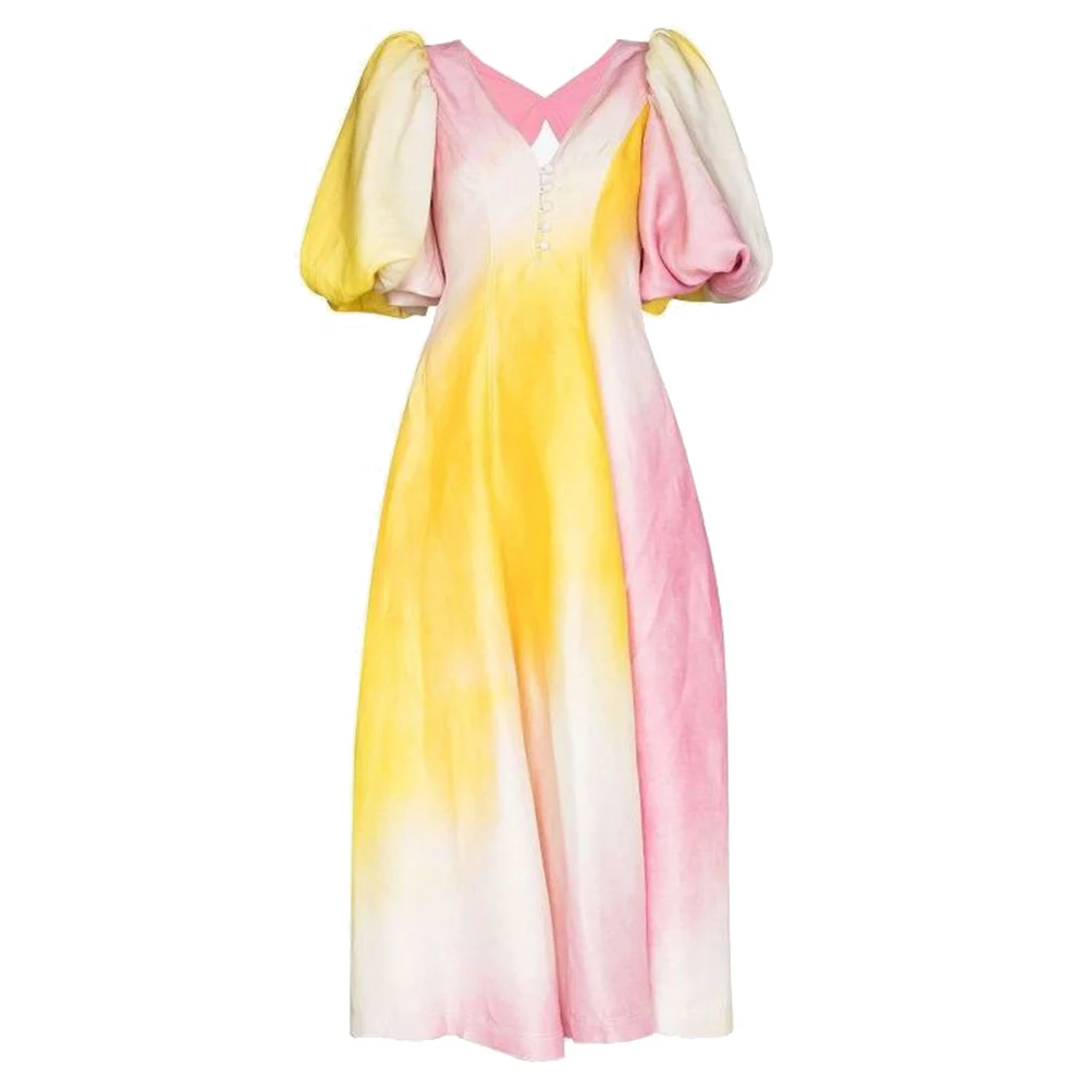 Vintage Lantern Short Sleeve Dress Long Maxi Rainbow V-neck Button High Waist Dresses Women Sundress Backless Party Beach Dresss