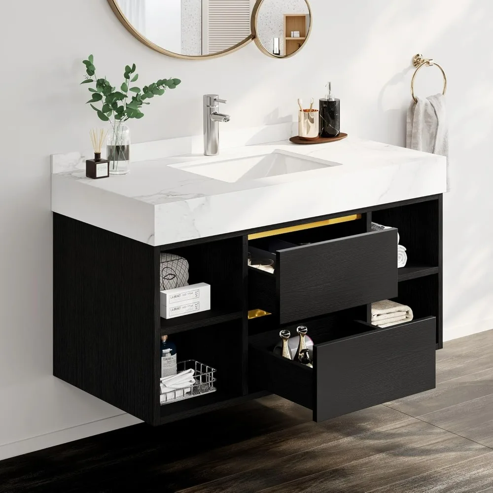 40 Inch Floating Vanity Bathroom, White Sintered Stone, Wall Mounted Vanity With Ceramic Sink Included 2 Drawers And Shelves