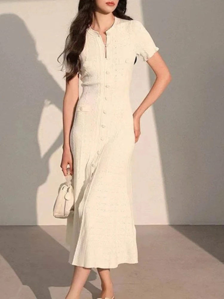 Temperament Round Neck Short Sleeved Knitted Dress with Fashionable Buttons and Hollow Out Long Skirt Slim Fit