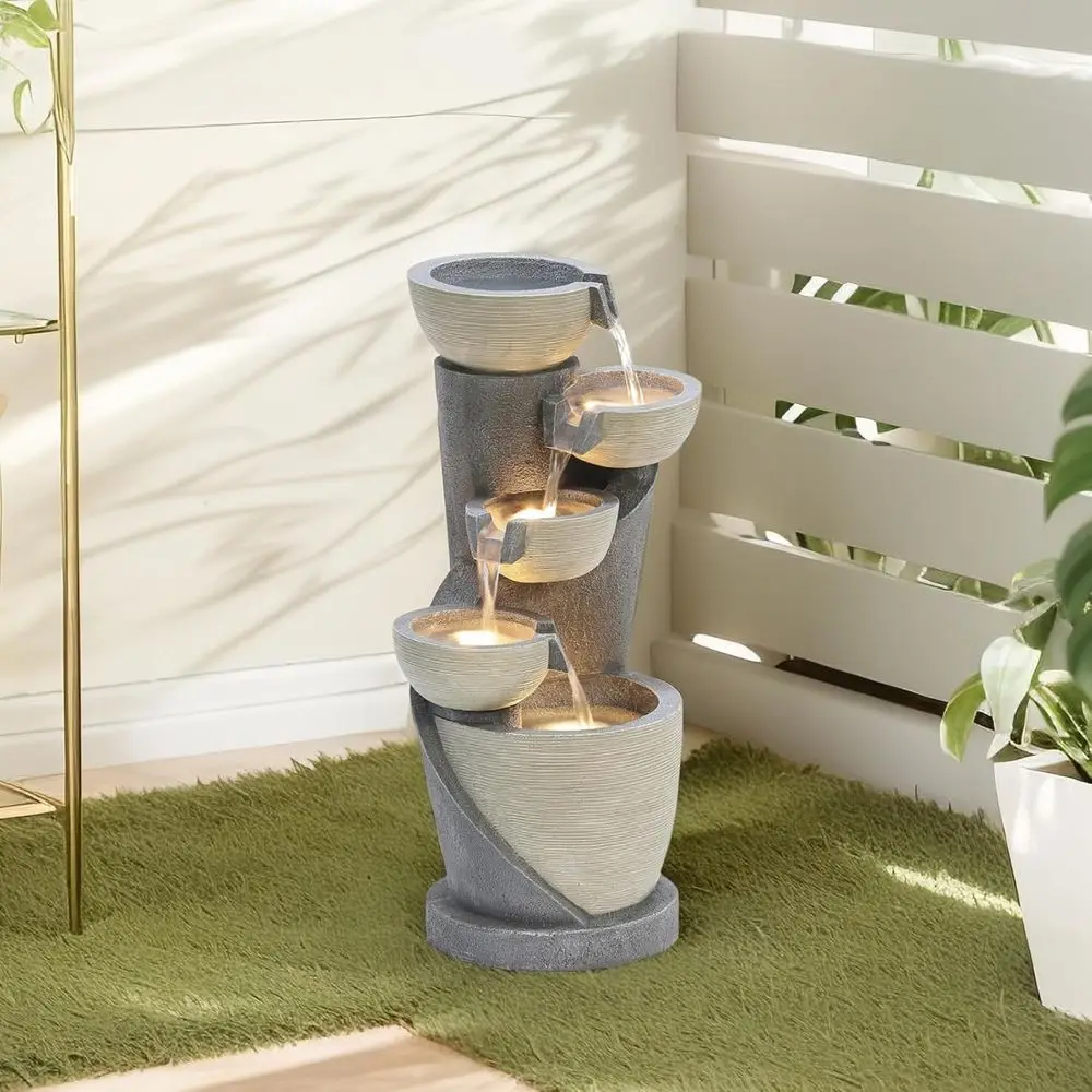 

22 Modern Outdoor Waterfall Fountain, Resin Design with LED Lights, Patio & Yard Decor