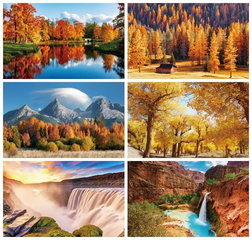 

Laeacco Fall Forest Nature Landscape Photography Background Autumn Mountain Yellow Tree Lakes Scenery Interior Portrait Backdrop