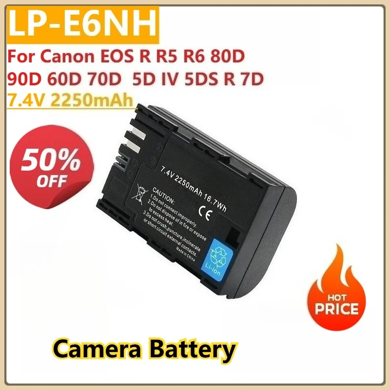 

New 7.4V 2250mAh LP-E6NH Camera Battery with Type-C Input For Canon EOS R R5 R6 80D 90D 60D 70D 5D IV 5DS R 7D Mark III