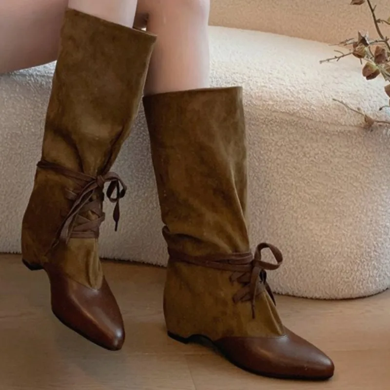 Women Long Boots Pointed Toe Heeled Knee High Shoes New Low Heels Boots Walking Trend