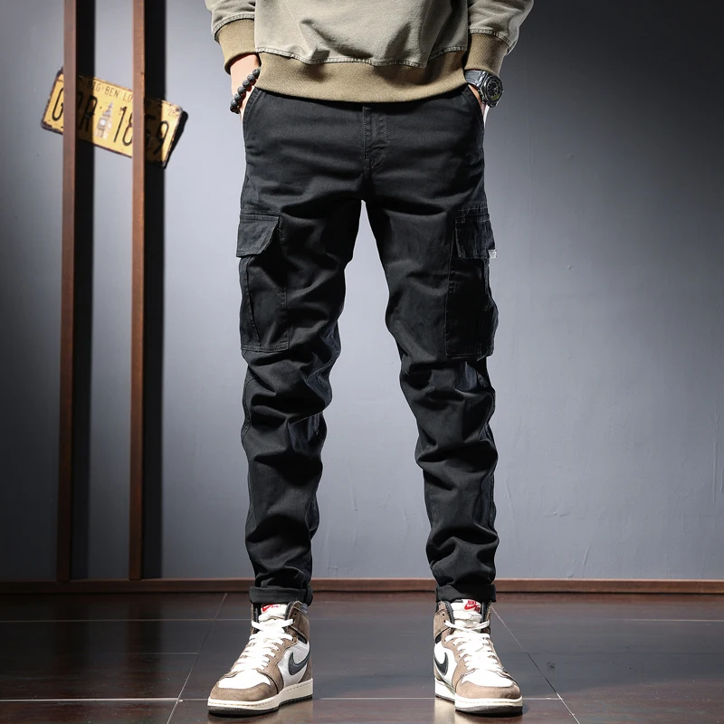 Men's Black Cargo Pants Tactical Casual Straight Pants Autumn Fashion Multiple Pockets Cotton Regular Trousers CP1977