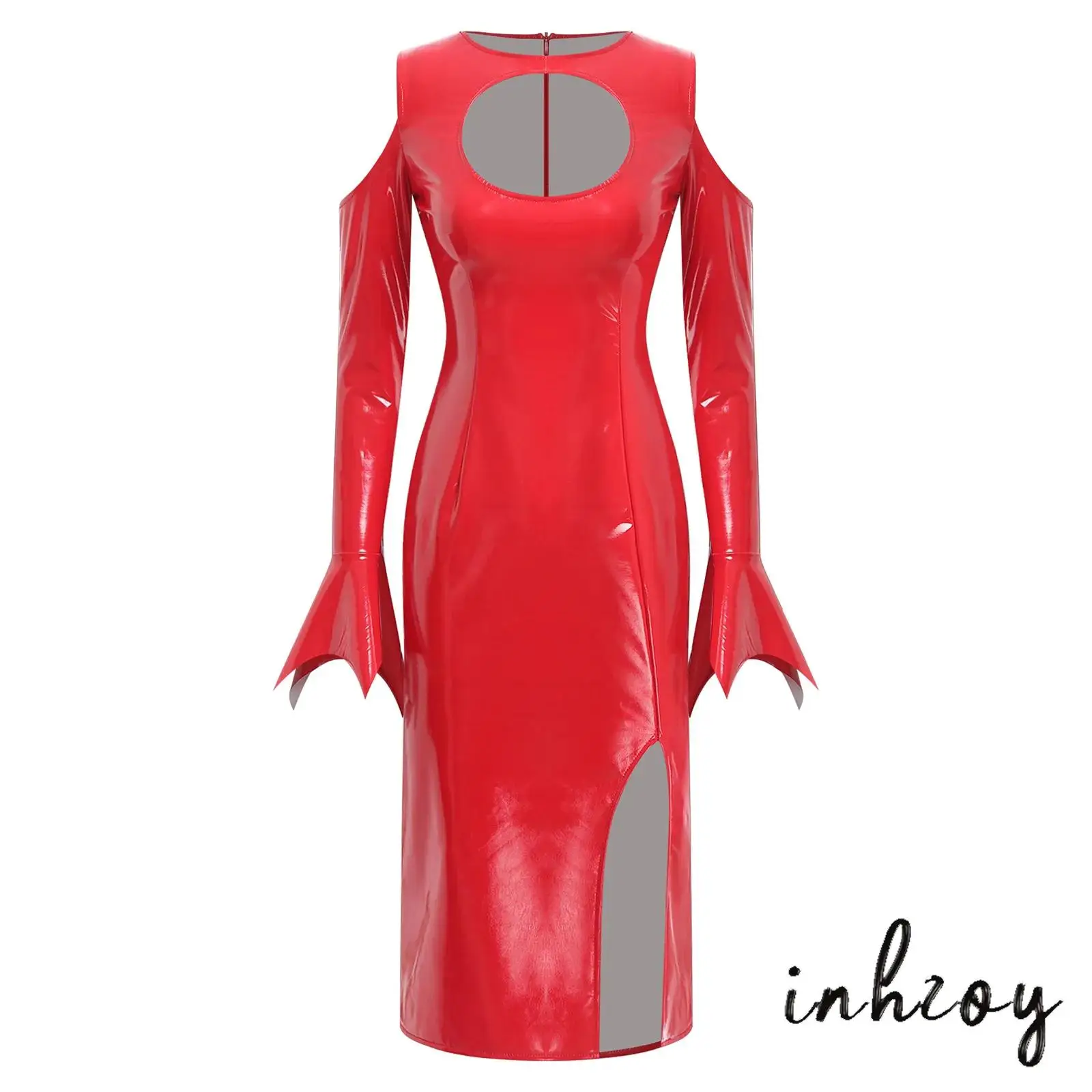

Womens Glossy Bodycon Mini Dress Front Hollow Out Long Sleeve with Jagged Flared Dress Halloween Vampire Dress-up Costume