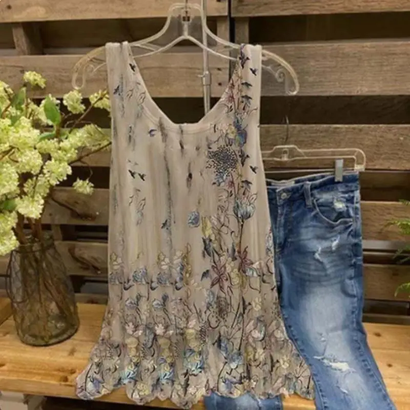 

Женская блузка больших размеров с принтом, без рукавов, с кружевными вставками, ажурным дизайном, летняя, повседневная, свободного кроя