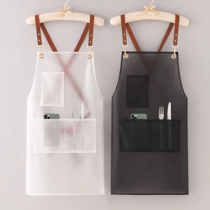 Transparent Working Apron with Pockets Chef Waterproof Home Apron for Coffee Cooking Nailing Bib Coffee Shop Black TPU Uniform