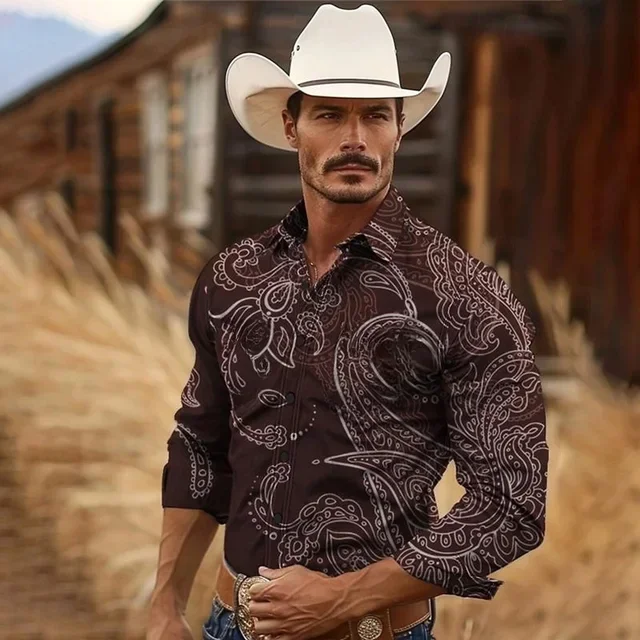 Men's Retro American Country 3D Printed Long-sleeved Shirt for Spring and Autumn Outing Parties High-quality Printed Lapel Shirt