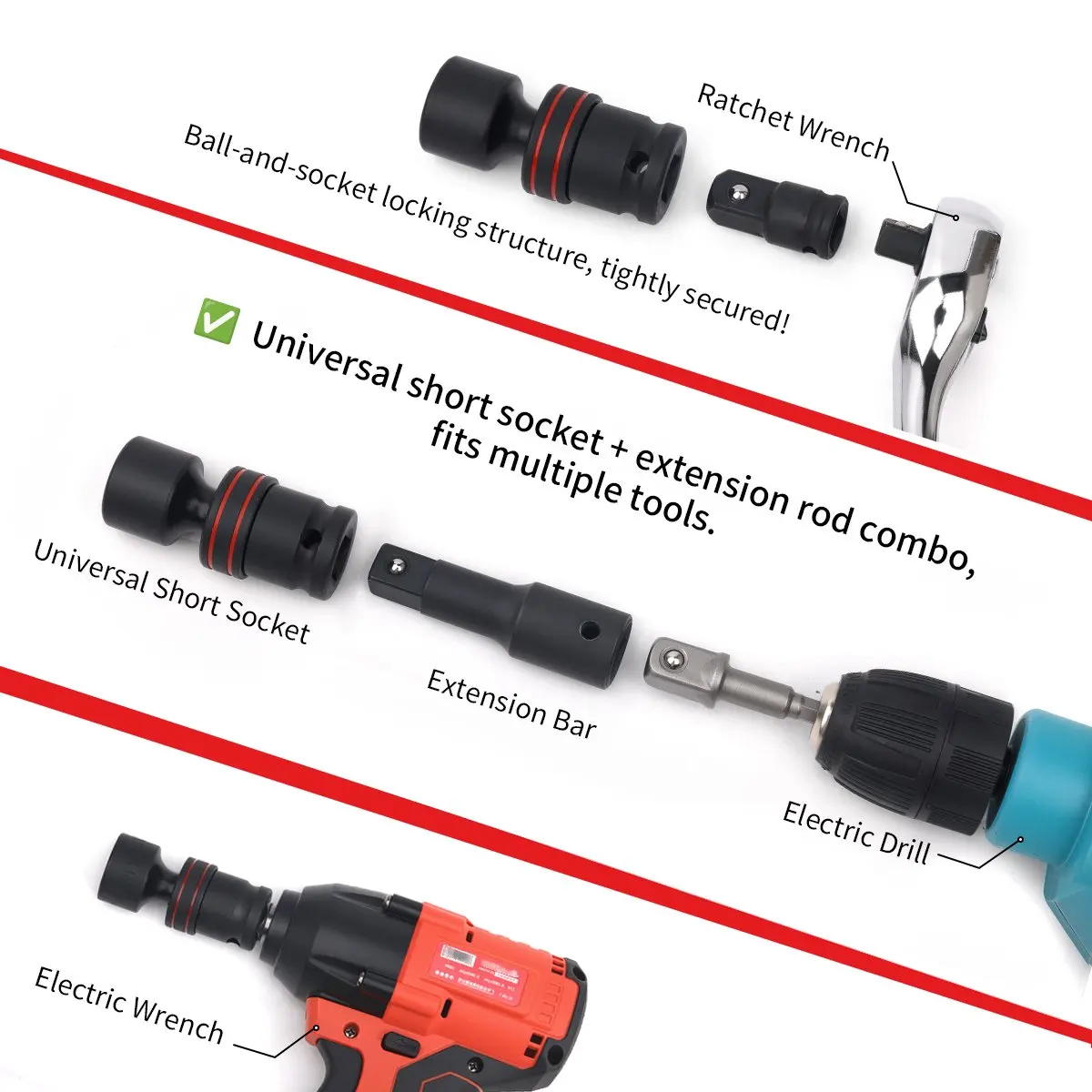 Adattatore per chiave elettrica a presa corta esagonale con giunto universale da 1/2 pollice Drive 10-24 mm 360 ° Presa a impatto girevole per chiave pneumatica