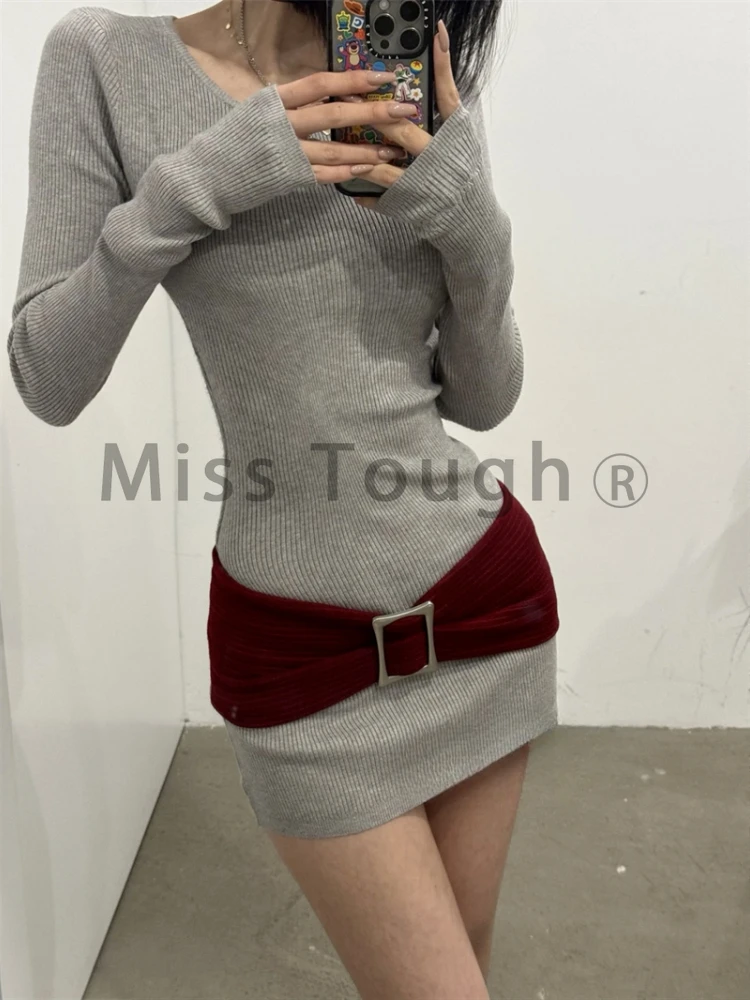 Winter American Fashion Sexy Knitted Dress Women New Chic Slim Elegant Knit Grey Dresses High Sense Aesthetic Short Clothes 2024