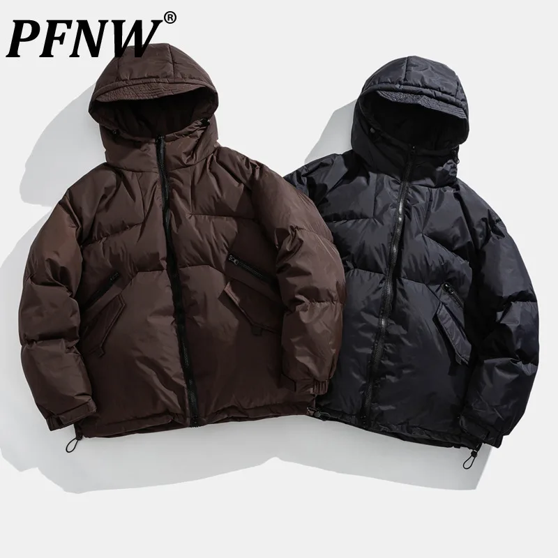 PFNW Men's Loose Fit Hooded Cotton Jackets Winter Tide New Brim Design Casual Trendy Outdoor Drawstring Warm Cotton Coat 12C1357