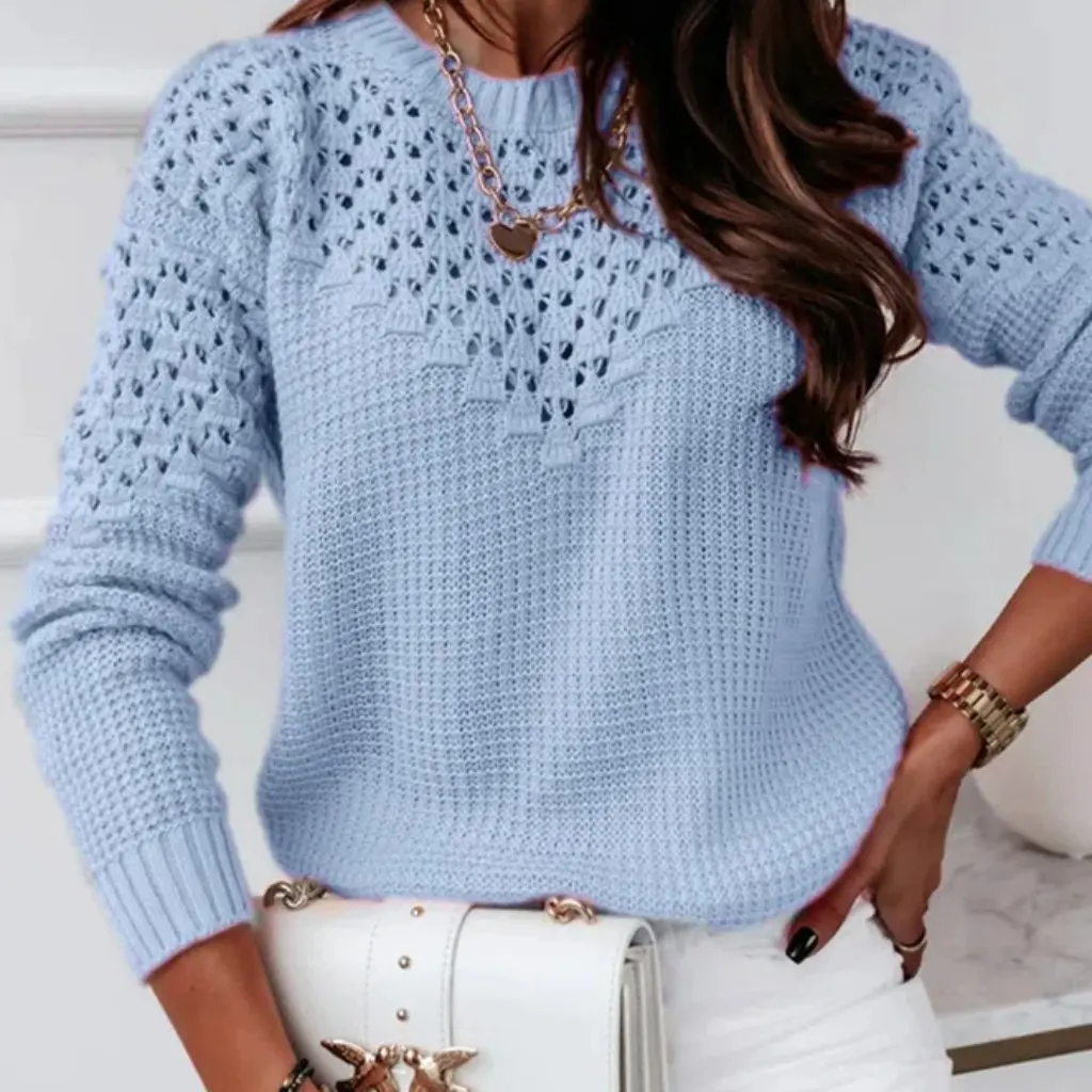 

Elegant Women's Solid Color Jacquard Sweater Hollow Splicing Crewneck Wool Top in Stock Fashion for Europe And America