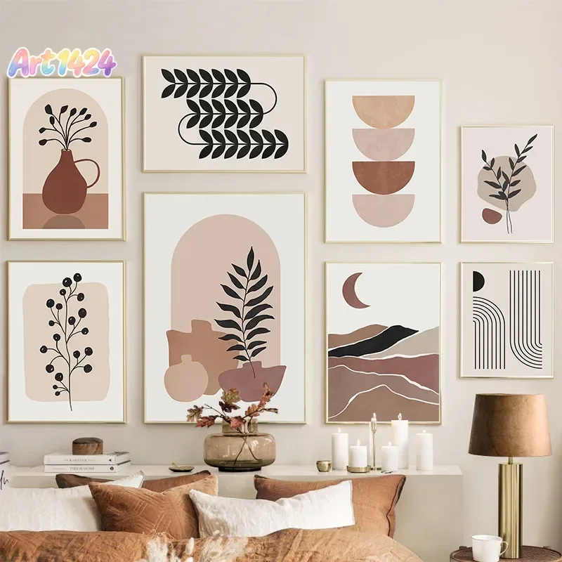 Vase Leaf Moon Line Geometry Wall Art Canvas Painting Abstract Posters And Prints Hotel Bar Wall Pictures For Living Room Dec