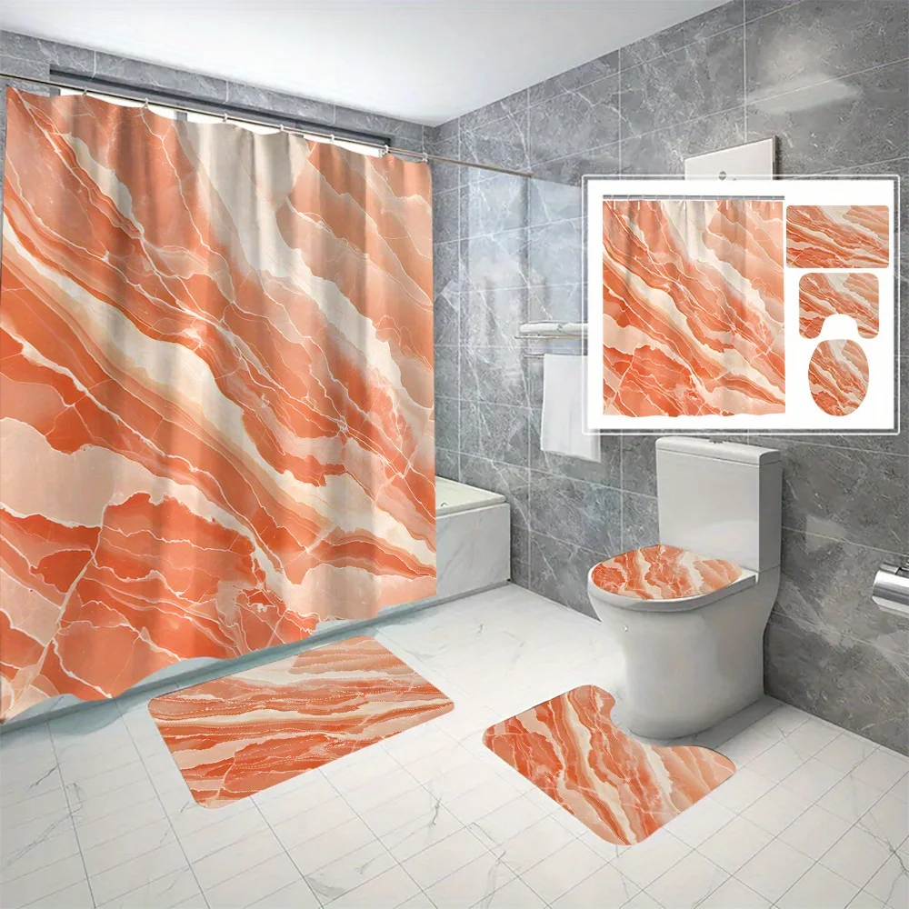

4-piece set of orange textured digital print bathroom decor, shower curtain, U-shaped mat, toilet seat mat, non-slip mat