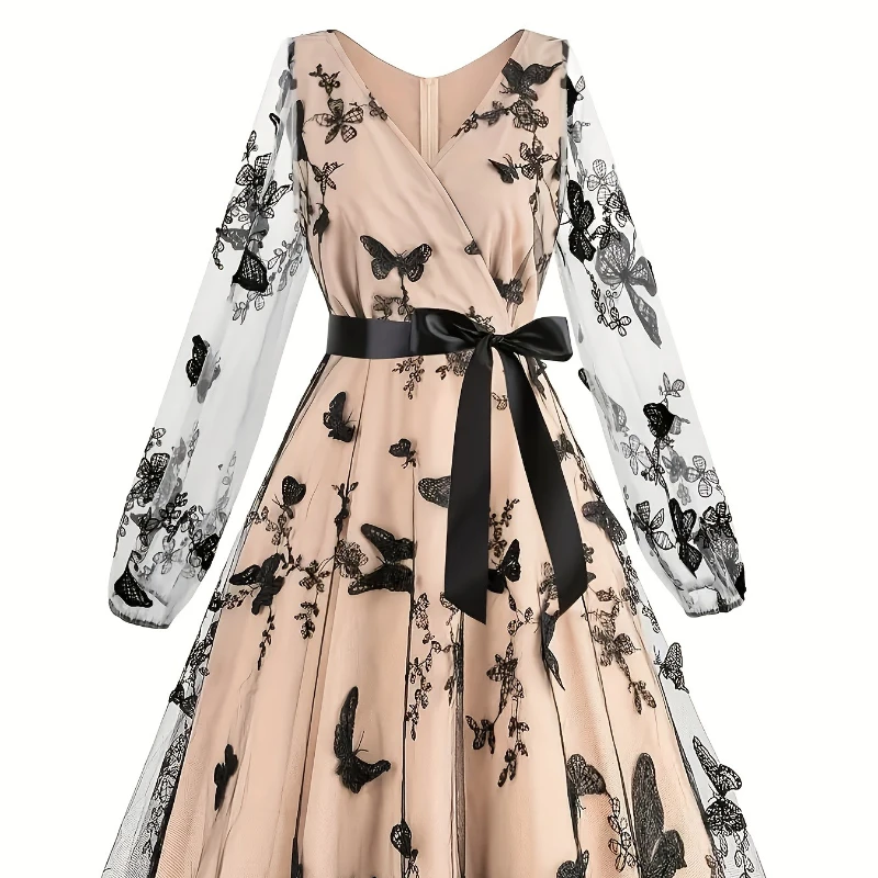 Women's Summer Butterfly Embroidery Long-Sleeved Boho Dress Spring Autumn Floral Robe Retro Casual Vintage Maxi Dresses Vestidos 3