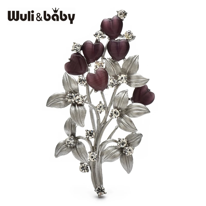 Wuli&baby Opal Flower Brooches For Women Unisex 2-color Hear-shape Branch Plants Party Office Brooch Pins Gifts