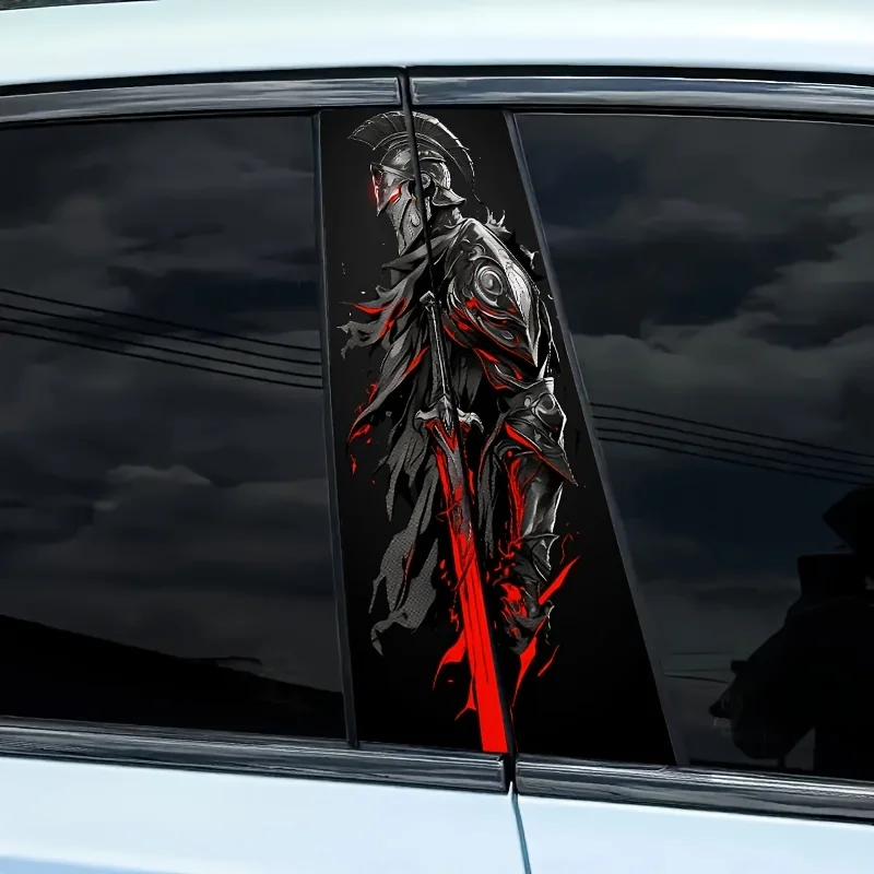 2Pcs Spartan Warrior Defense Car Sticker - Cartoon Themed PVC B Pillar Sticker, Waterproof and Scratch Resistant