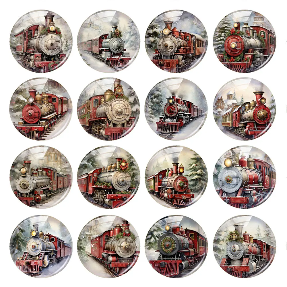 Handmade Christmas X-mas Train Winter Photo Glass Cabochon Charms Flatback Demo Flat Back Cameo For Diy Jewelry Making Supplies