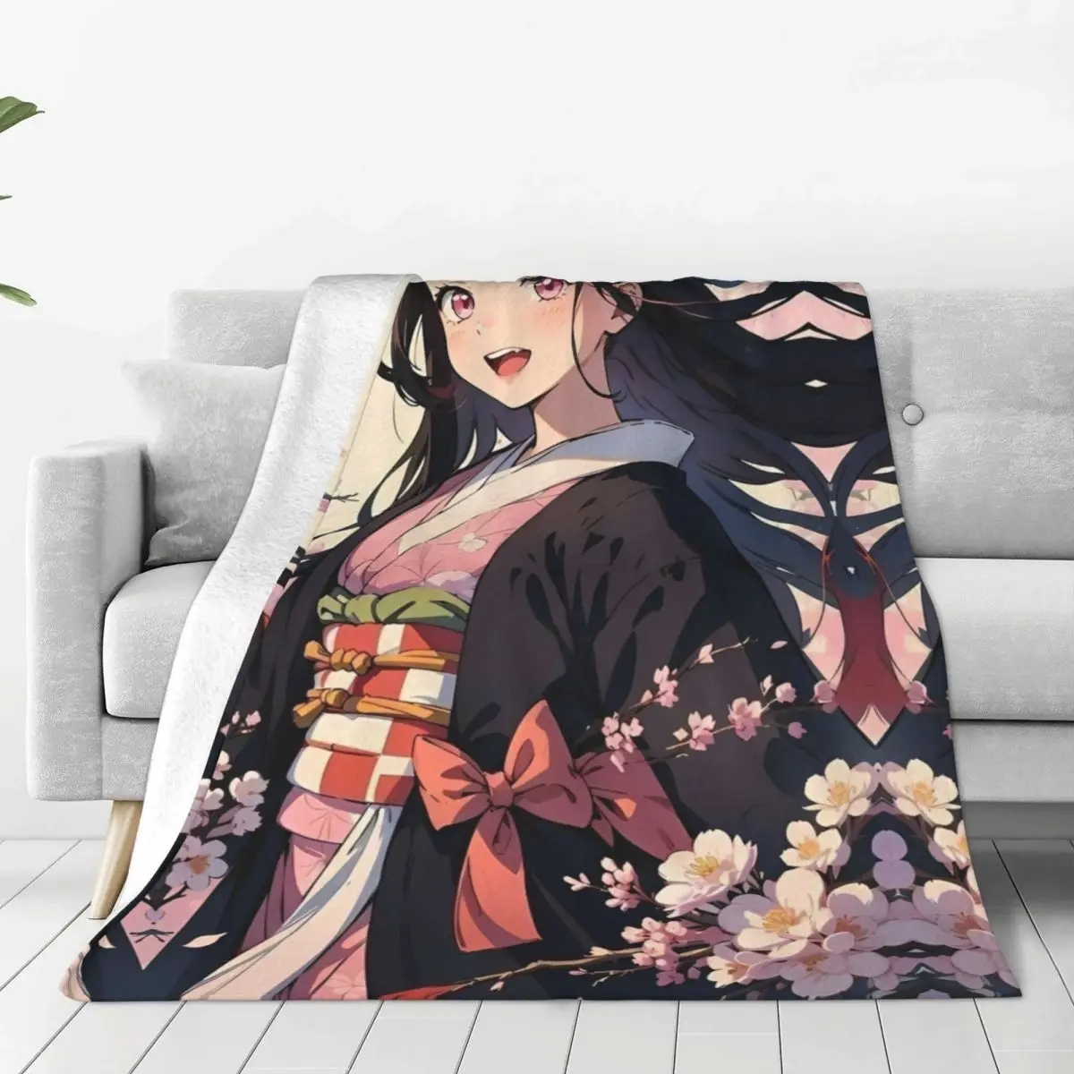 Demon Slayer Flannel Blankets Nezuko Kamado Anime Fashion Throw Blankets for Sofa Bedding Lounge 150*125cm