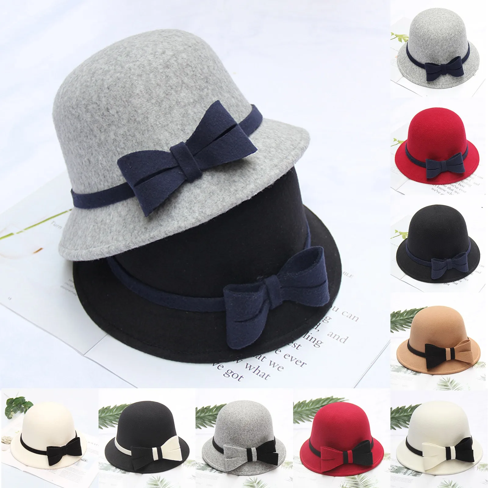 Has Hat Women'S Autumn And Winter Bow Knot Round Top Casual Fisherman'S Basin Cap Small Bowler Hat Sombrero De Sol Para Mujer