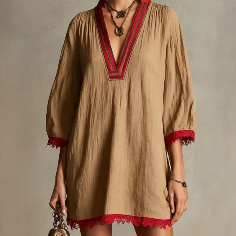 Vintage Women Lace Trim Loose Mini Dress Autumn Color Blocking Webbing Deep V‑Neck 3/4 Sleeve Short Dresses Vacation Party Dress