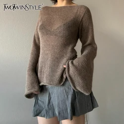 TWOTWINSTYLE Solid Knitting Sweater For Women Slash Neck Long Sleeve Patchwork Lace Up Designer Pullover Sweaters Female Fashion