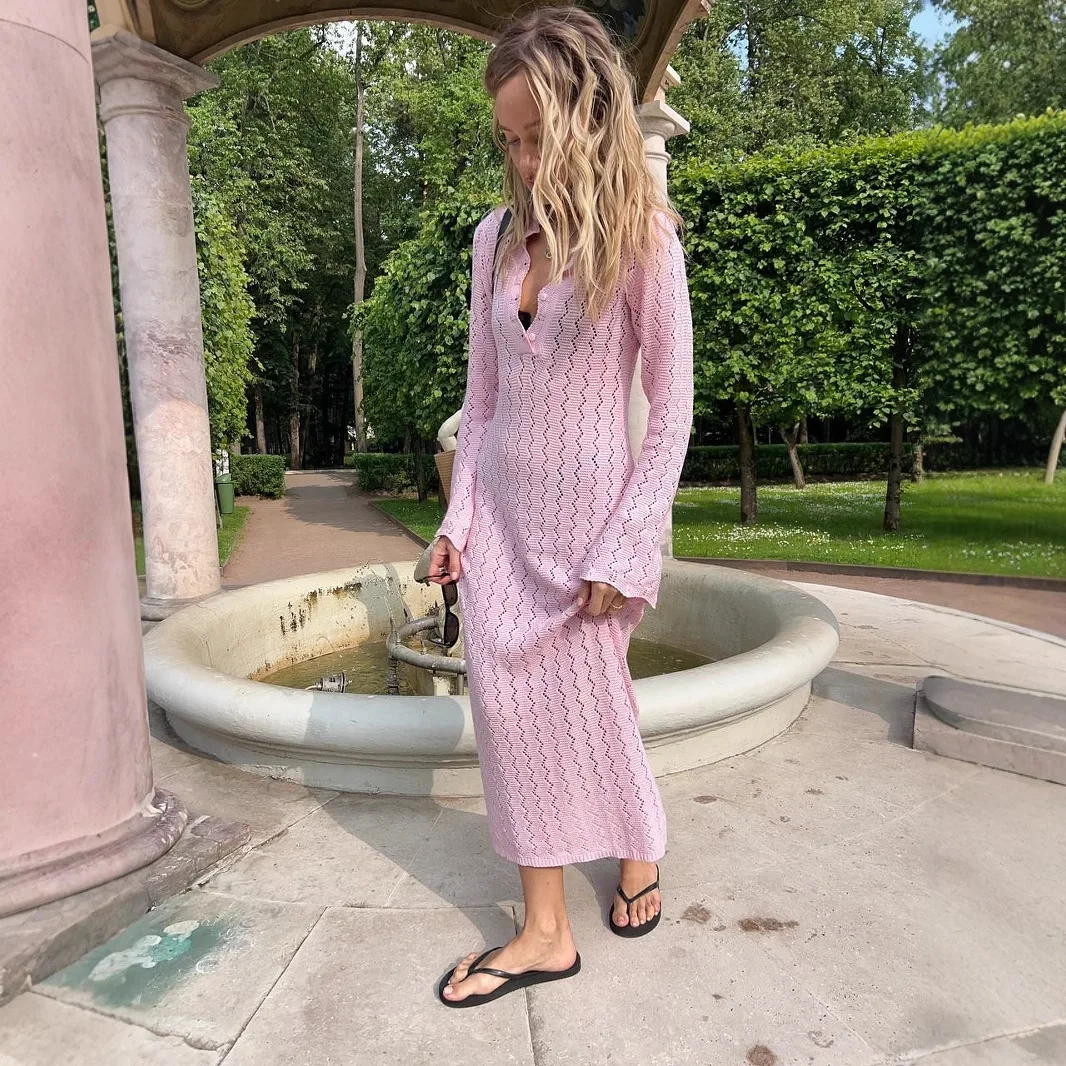 Long Sleeve Knitted Dress with French Style, High-End Autumn Cut-Out Slim Long Skirt