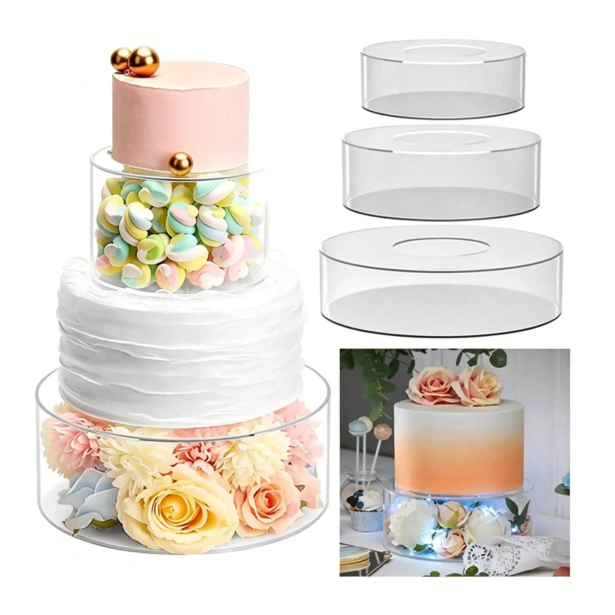 Clear Acrylic Cake Riser Hollow Round Cake Display Stand Tiered Separator for Wedding Birthday Dessert Cupcake Decor Tools