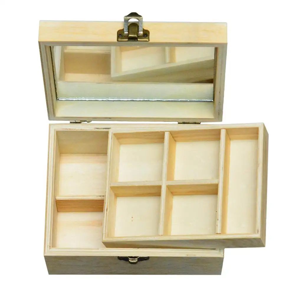 

Natural Plain Double Layer Wooden Storage Box Portable Large Capacity Jewelry Organizer Decoupage Display Case with Mirror Tray