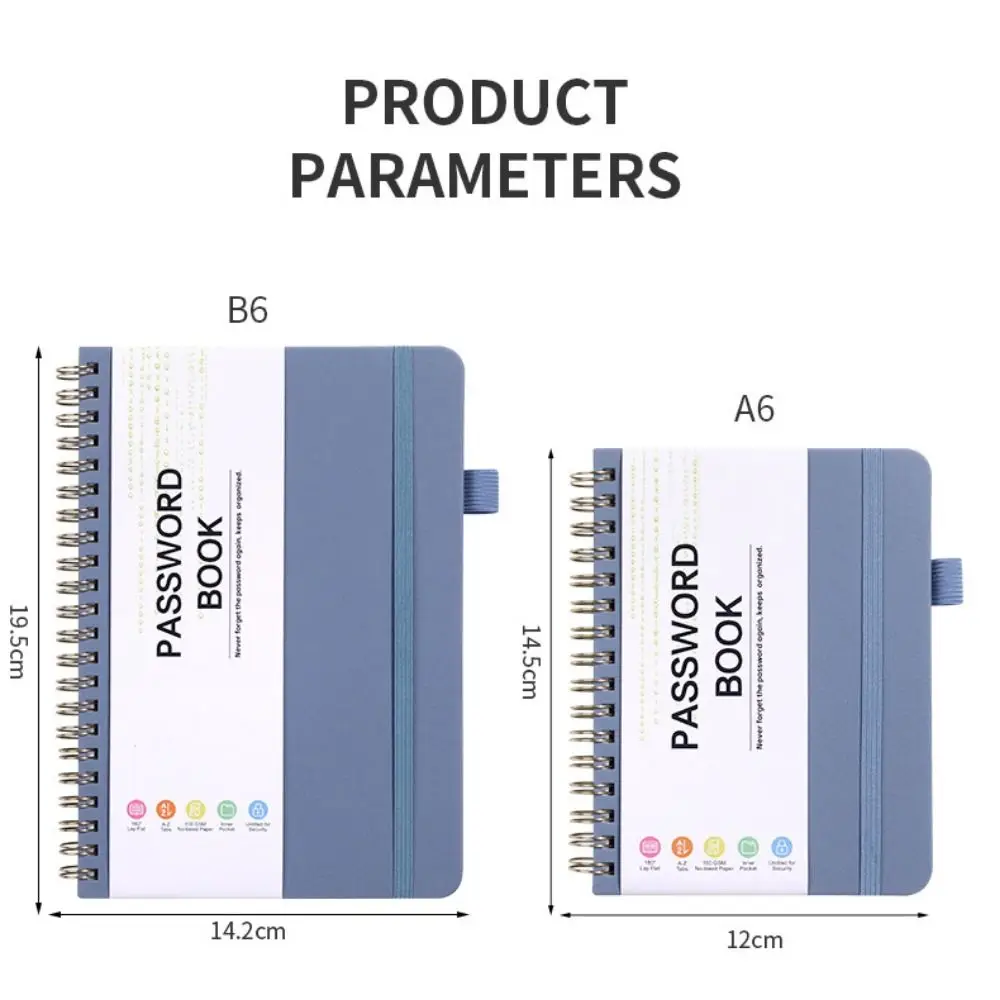 Con linguette alfabetiche Pocket Password Keeper Book formato A6/B6 Coil Book Password Keeper Notebook Strap Portable