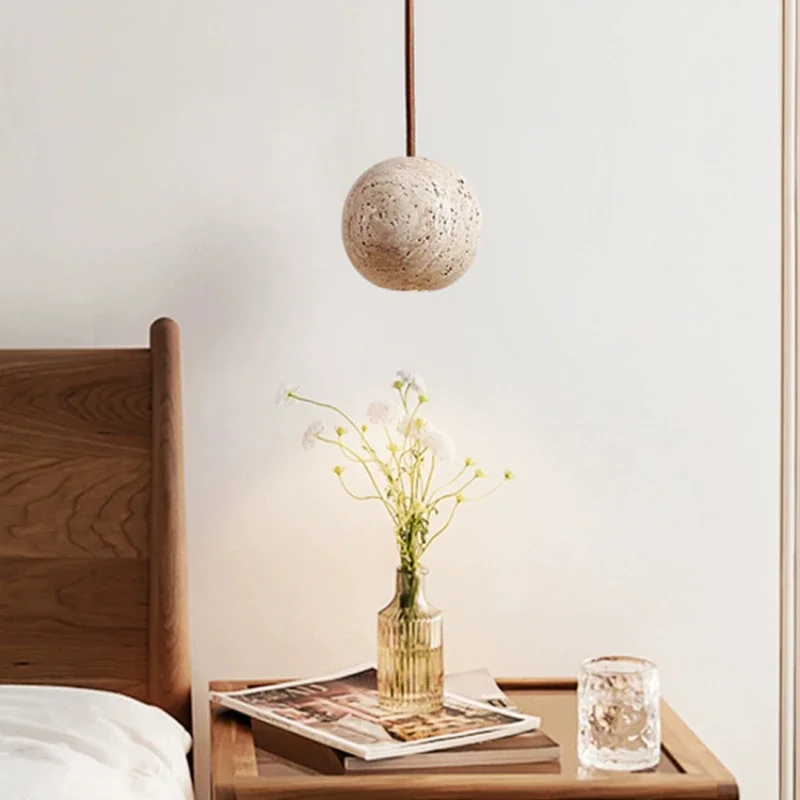 Small Round Stone Pendant Lamp, Nordic Bedside Chandelier, Creative Hanging Line, Iluminação LED para quarto