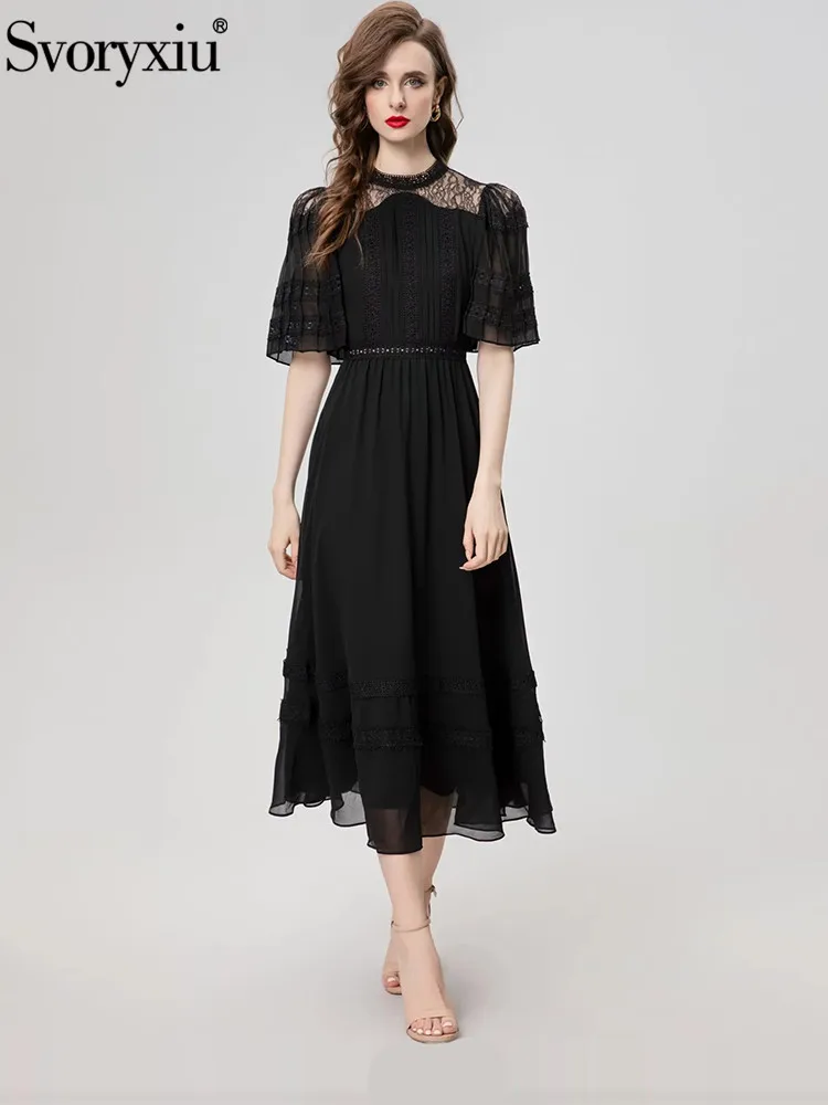 

Svoryxiu Runway Fashion Summer Black Elegant Long Dress Women's Stand Collar Lace Embroidery Flounces Sleeve High Waist Dress