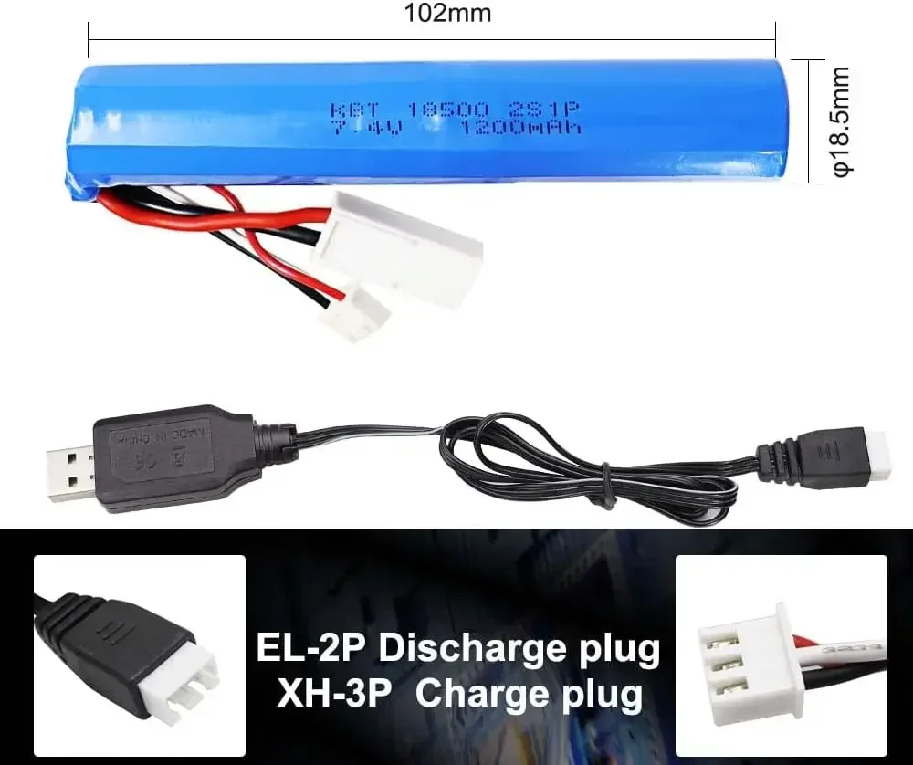 7,4 V 1200 mAh 18500 Akumulator litowo-jonowy EL-2P z ładowarką do Gel Blaster SRB 1200 PX9300 PX9304 1/18 Skala RC Car Boat Trucks