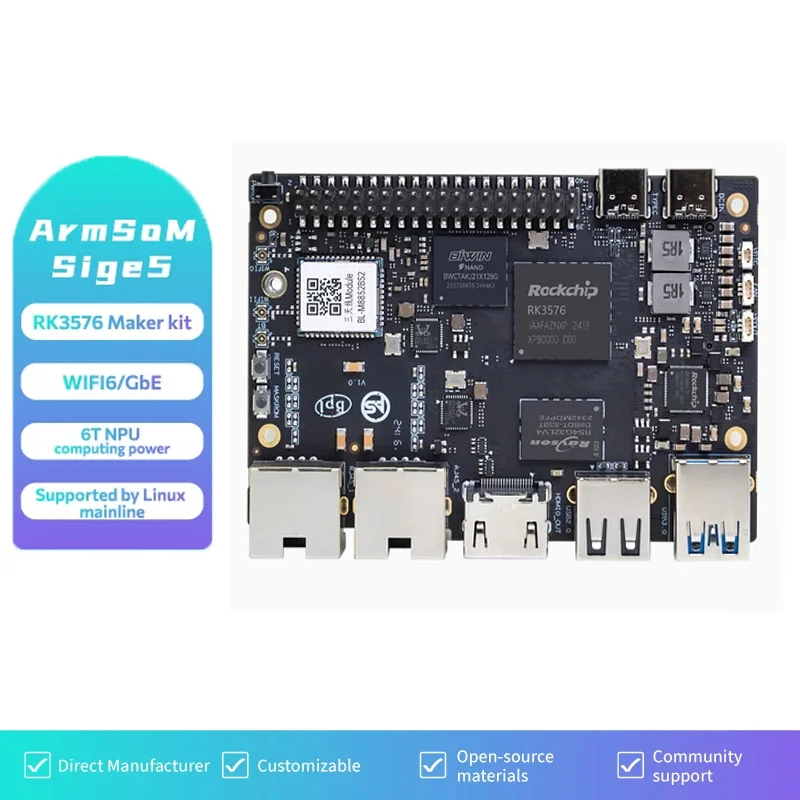 ArmSoM-Sige5 RK3576 Computadora de placa única, 8 GB LPDDR4X, 64 GB eMMC, placa de desarrollo RK3576, M.2, WiFi6, Bluetooth, 2 x GbE