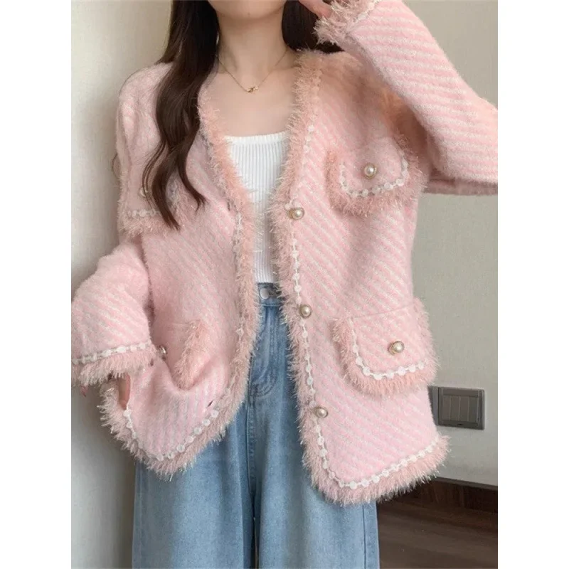 Tweed Style Socialite Women's Jacket 2024 Spring Autumn New Design Sensibility Knitted Cardigan Top Trendy V-Neck Loose Fit