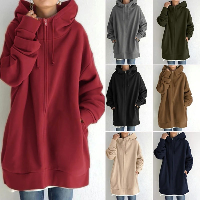 Women\'s Fleece Warm Hooded Sweatshirt Autumn Winter Ladies Long Loose Zipper Coat Casual Cardigan Coat Women Clothing