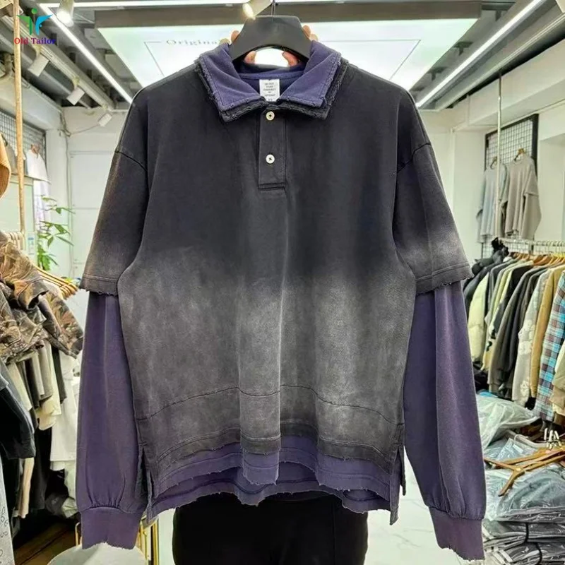 

Новейшая мужская винтажная потертая футболка-поло с длинными рукавами High-Street, повседневная футболка большого размера с градиентом и длинными рукавами