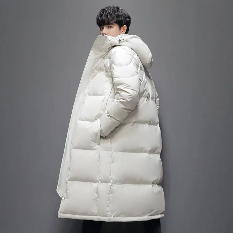 Winter Korean Men Long Down Coats 2023 New Fashion White Duck Plush Thicken Warm Overcoat Hooded Hat Detachable Male Jacket