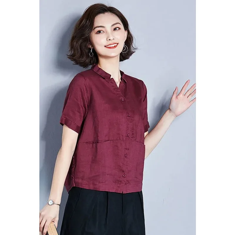 

Women's Cotton Linen Short Sleeve Shirt V Neck Button Casual Blouse