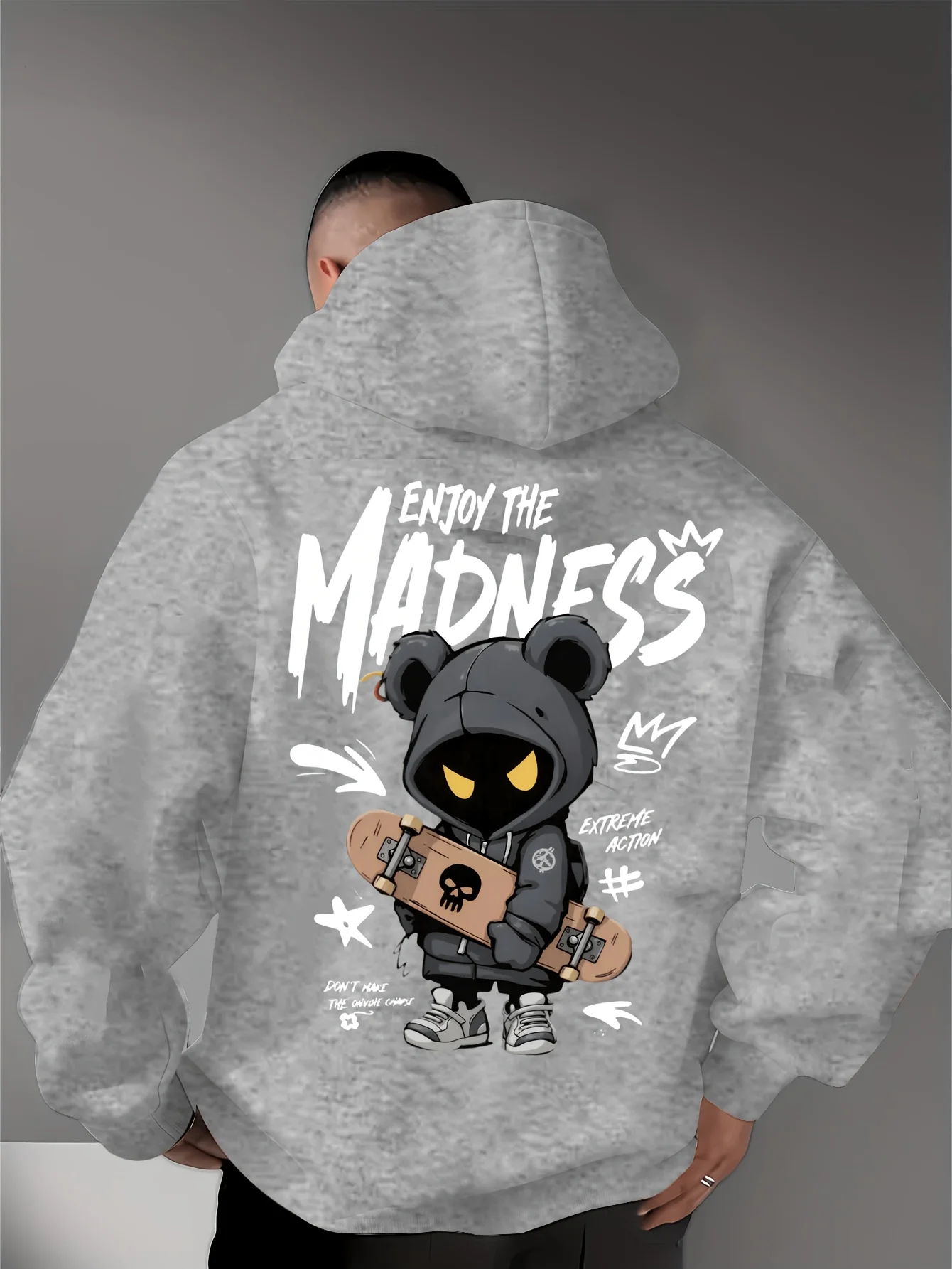 Men's Fashion Hoodie Black, Polyester Thick Warm, Cartoon Skateboard Graphic 